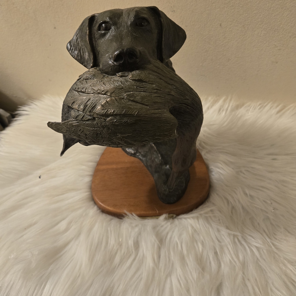 Bradford Williams " Bringing It Home" Dog Sculpture with Bird on Wooden Base